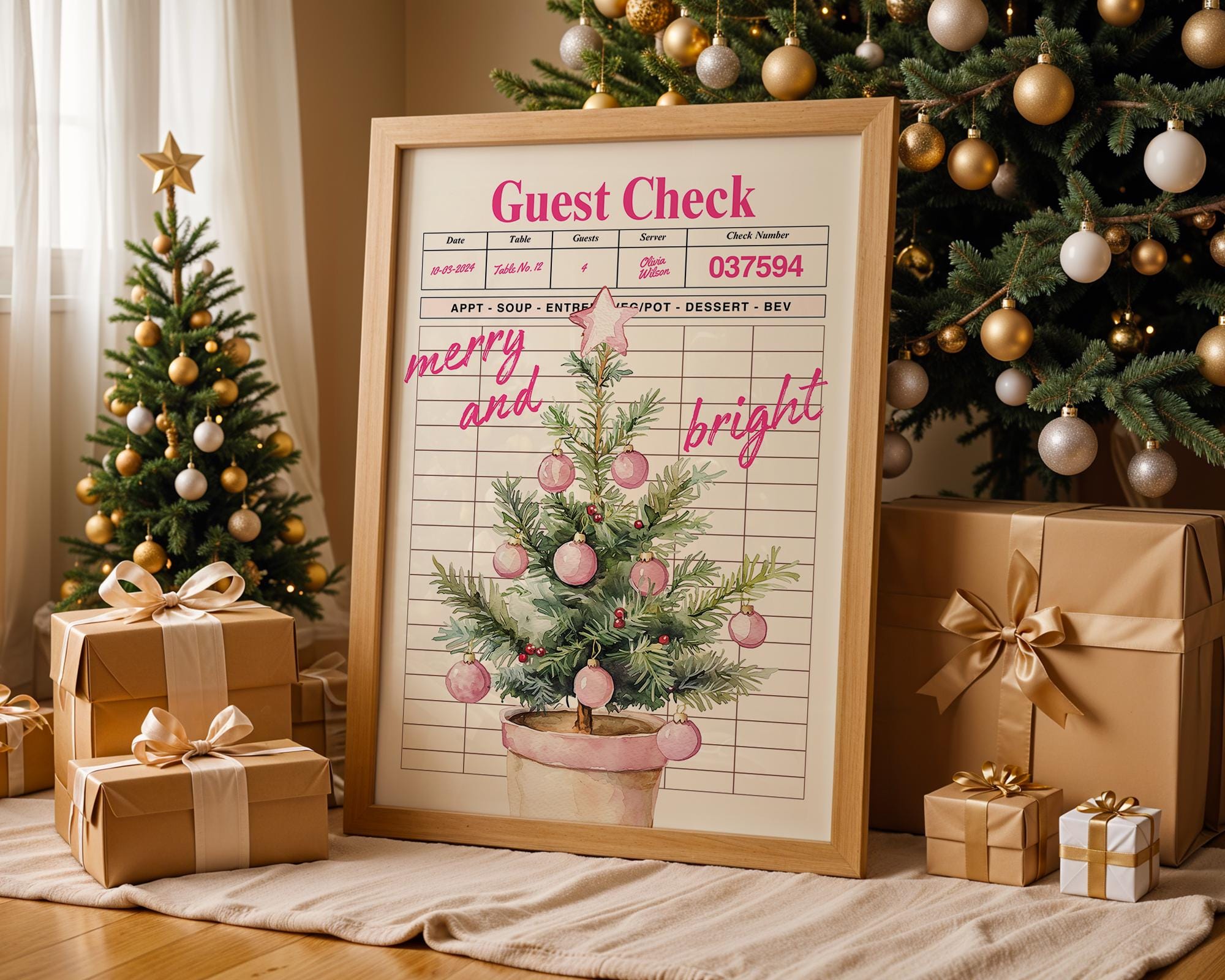 Retro Christmas Wall Art, Pink Guest Check Holiday Print, Vintage Xmas Tree Poster, Merry and Bright Kitchen Decor Festive Home Printable