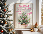 Retro Christmas Wall Art, Pink Guest Check Holiday Print, Vintage Xmas Tree Poster, Merry and Bright Kitchen Decor Festive Home Printable
