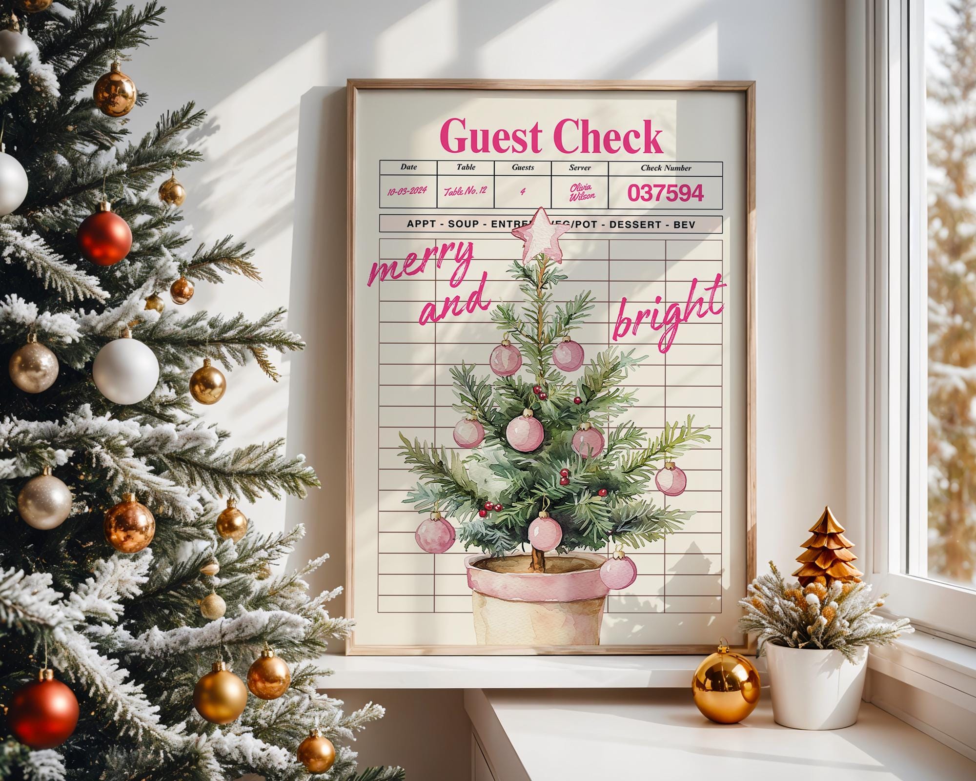 Retro Christmas Wall Art, Pink Guest Check Holiday Print, Vintage Xmas Tree Poster, Merry and Bright Kitchen Decor Festive Home Printable