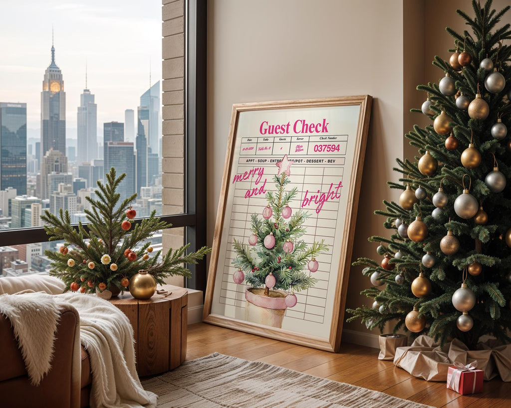 Retro Christmas Wall Art, Pink Guest Check Holiday Print, Vintage Xmas Tree Poster, Merry and Bright Kitchen Decor Festive Home Printable