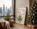 Retro Christmas Wall Art, Pink Guest Check Holiday Print, Vintage Xmas Tree Poster, Merry and Bright Kitchen Decor Festive Home Printable