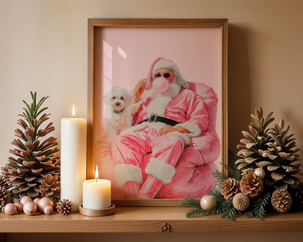 Trendy Pink Santa Claus Wall Art, Funny Christmas Printable with Dog, Retro Holiday Decor, Cool Bubblegum Santa Poster DIGITAL DOWNLOAD