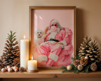 Trendy Pink Santa Claus Wall Art, Funny Christmas Printable with Dog, Retro Holiday Decor, Cool Bubblegum Santa Poster DIGITAL DOWNLOAD