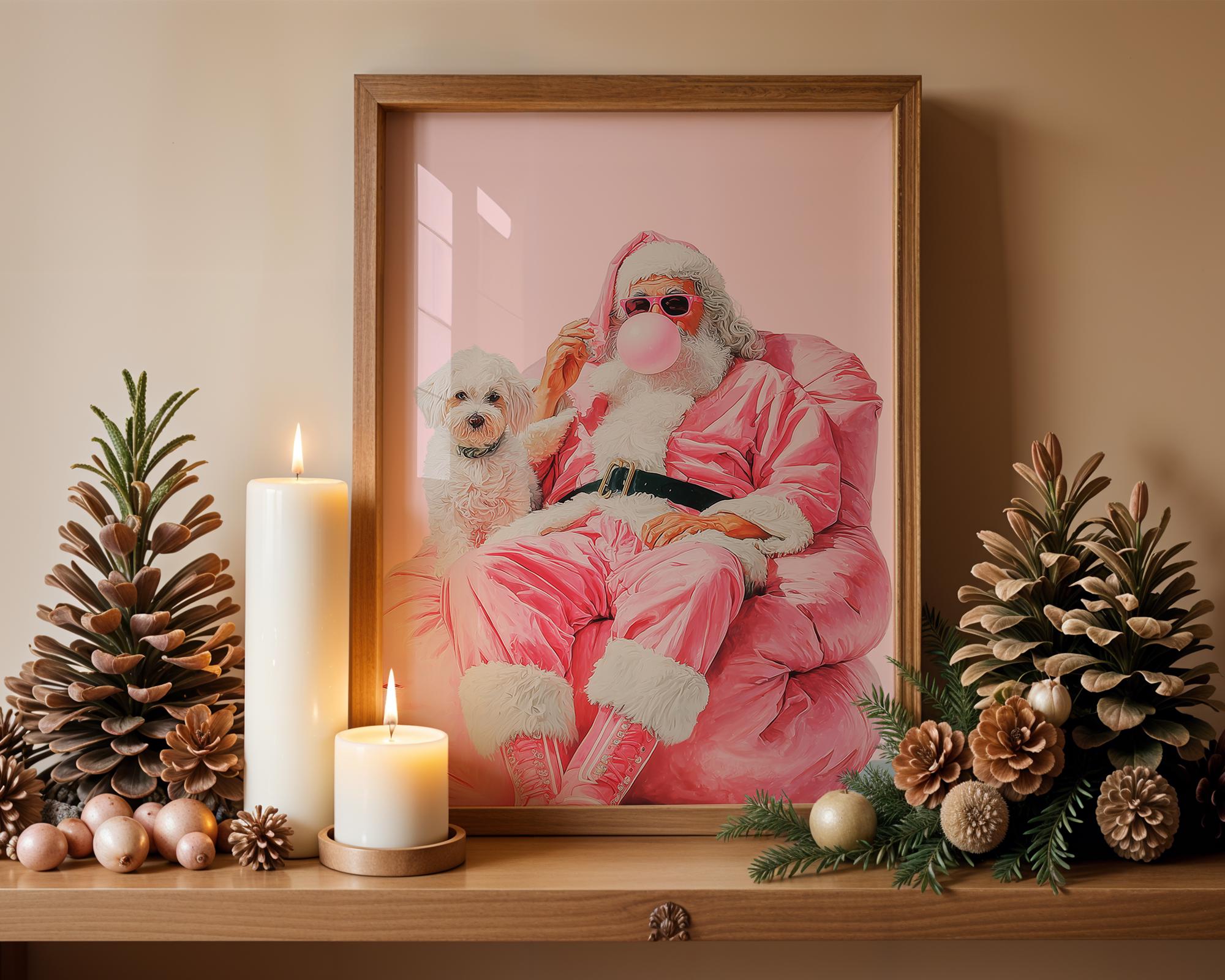 Trendy Pink Santa Claus Wall Art, Funny Christmas Printable with Dog, Retro Holiday Decor, Cool Bubblegum Santa Poster DIGITAL DOWNLOAD