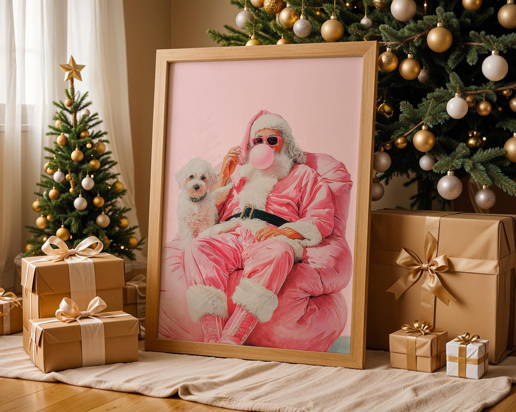 Trendy Pink Santa Claus Wall Art, Funny Christmas Printable with Dog, Retro Holiday Decor, Cool Bubblegum Santa Poster DIGITAL DOWNLOAD