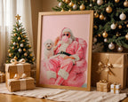 Trendy Pink Santa Claus Wall Art, Funny Christmas Printable with Dog, Retro Holiday Decor, Cool Bubblegum Santa Poster DIGITAL DOWNLOAD