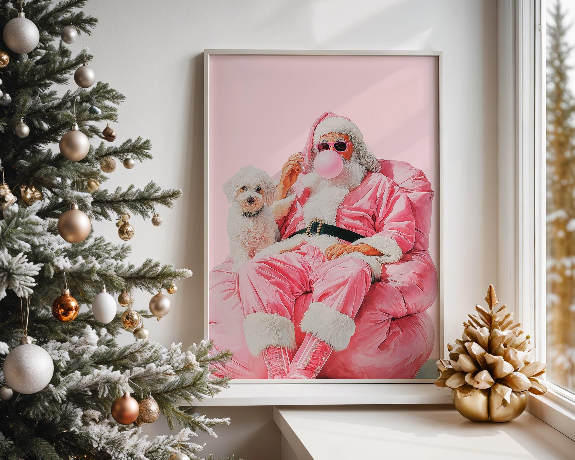 Trendy Pink Santa Claus Wall Art, Funny Christmas Printable with Dog, Retro Holiday Decor, Cool Bubblegum Santa Poster DIGITAL DOWNLOAD