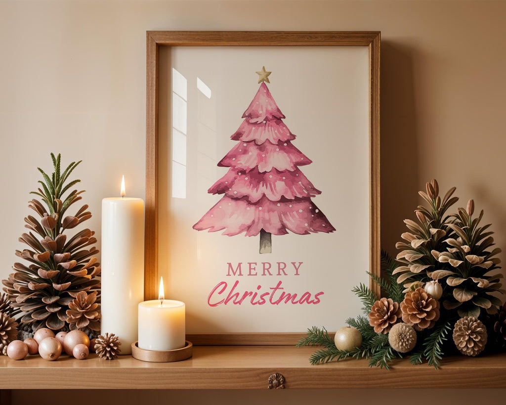 Pink Christmas Tree Wall Art, Merry Christmas Printable, Cute Holiday Decor, Watercolor Xmas Poster, Festive Modern Home DIGITAL DOWNLOAD