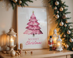 Pink Christmas Tree Wall Art, Merry Christmas Printable, Cute Holiday Decor, Watercolor Xmas Poster, Festive Modern Home DIGITAL DOWNLOAD