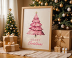 Pink Christmas Tree Wall Art, Merry Christmas Printable, Cute Holiday Decor, Watercolor Xmas Poster, Festive Modern Home DIGITAL DOWNLOAD