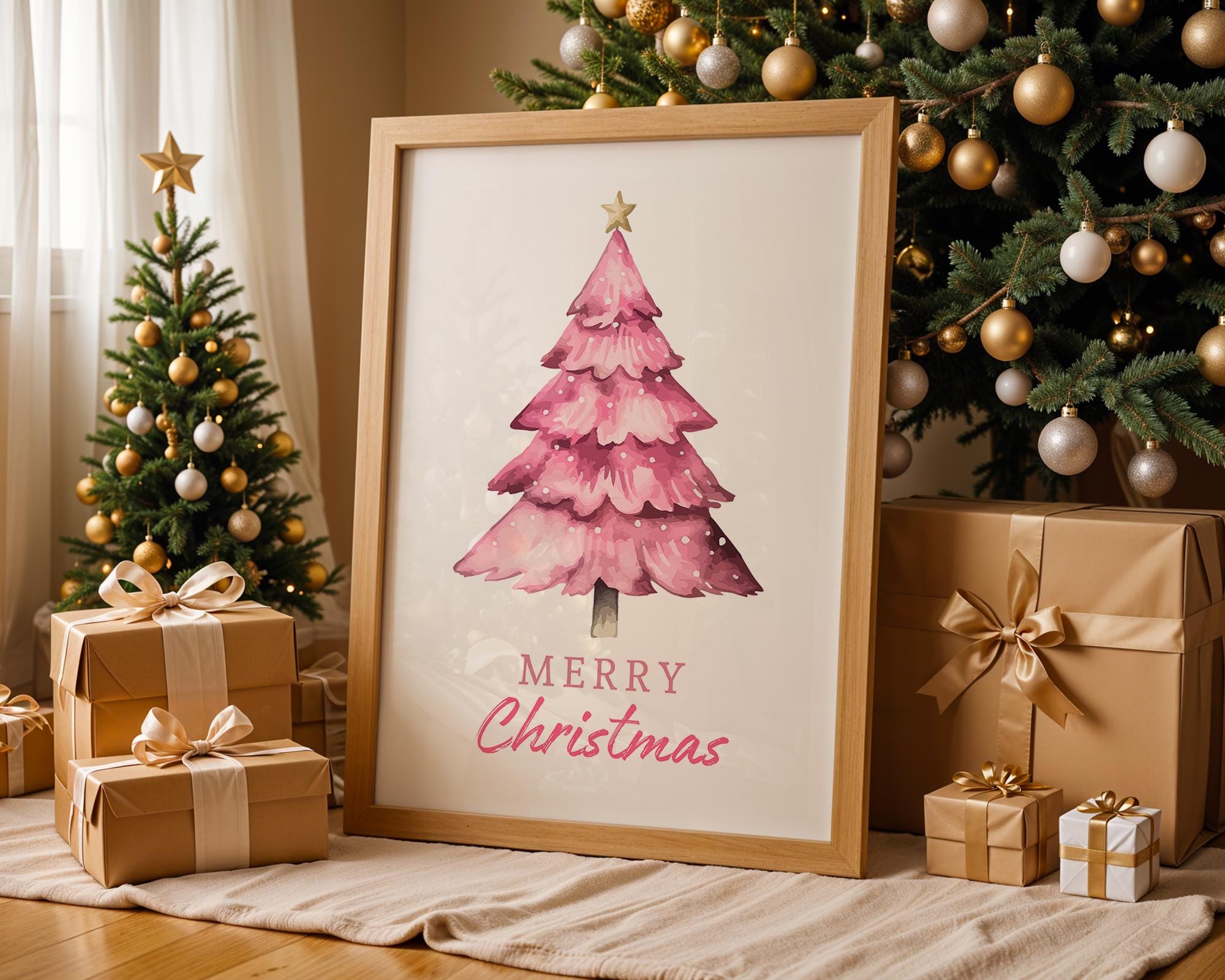 Pink Christmas Tree Wall Art, Merry Christmas Printable, Cute Holiday Decor, Watercolor Xmas Poster, Festive Modern Home DIGITAL DOWNLOAD