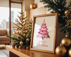Pink Christmas Tree Wall Art, Merry Christmas Printable, Cute Holiday Decor, Watercolor Xmas Poster, Festive Modern Home DIGITAL DOWNLOAD