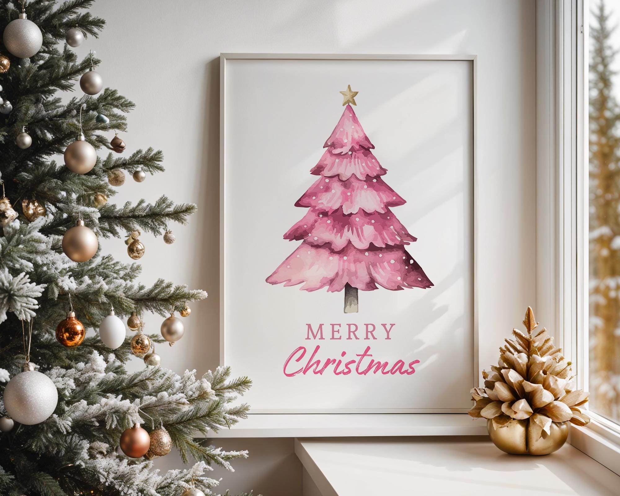 Pink Christmas Tree Wall Art, Merry Christmas Printable, Cute Holiday Decor, Watercolor Xmas Poster, Festive Modern Home DIGITAL DOWNLOAD