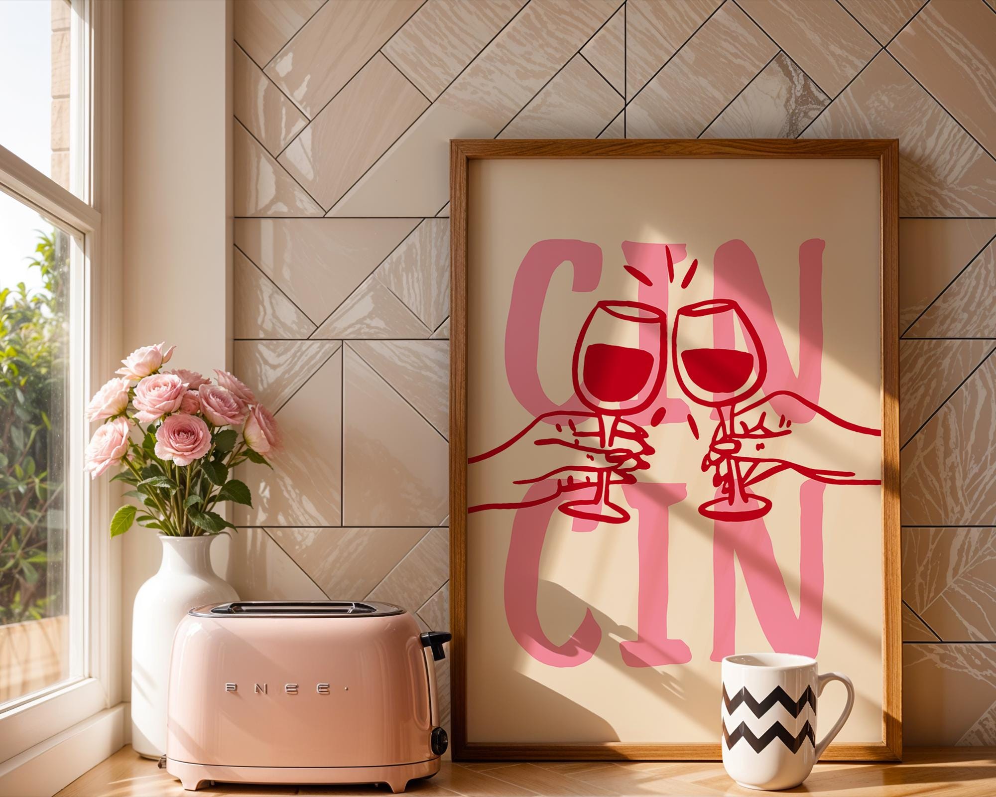 Cin Cin Print Trendy Printable Art, Wine Poster Pink & Red Fun Wall Art, Aesthetic Room Decor Retro Wine Drawing, Bar Cart Print, DIGITAL