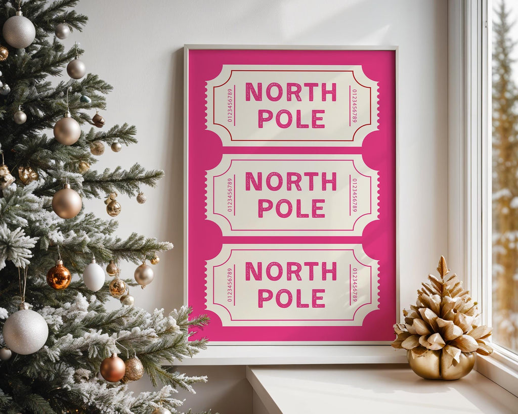 North Pole Ticket Wall Art Print, Christmas Holiday Poster, Pink Christmas Decor, Festive Kids Room Printable, Winter Wonderland DIGITAL