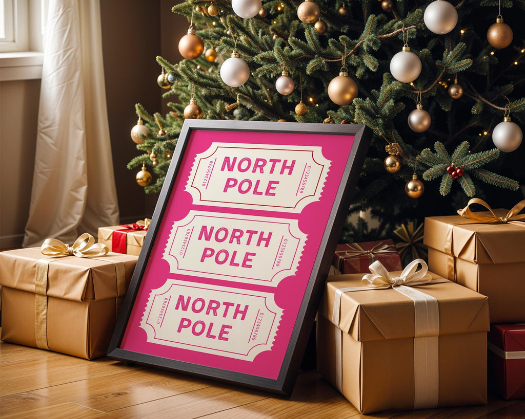 North Pole Ticket Wall Art Print, Christmas Holiday Poster, Pink Christmas Decor, Festive Kids Room Printable, Winter Wonderland DIGITAL
