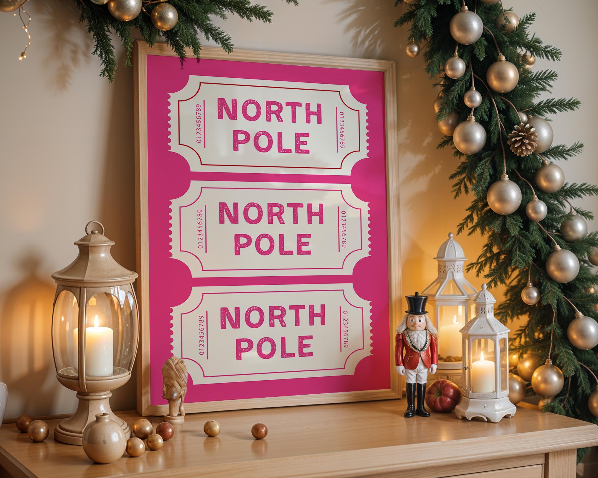 North Pole Ticket Wall Art Print, Christmas Holiday Poster, Pink Christmas Decor, Festive Kids Room Printable, Winter Wonderland DIGITAL