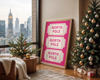 North Pole Ticket Wall Art Print, Christmas Holiday Poster, Pink Christmas Decor, Festive Kids Room Printable, Winter Wonderland DIGITAL