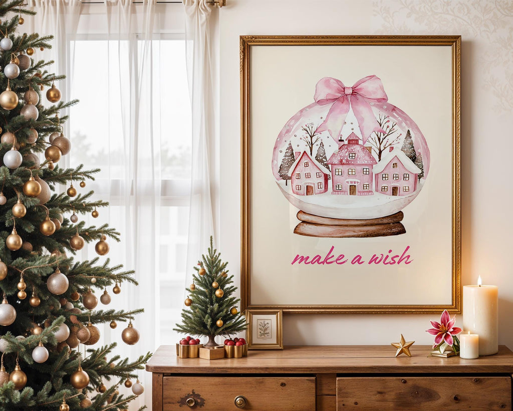 Pink Christmas Snow Globe Wall Art, Make a Wish Printable, Holiday Winter Wonderland Decor, Festive Nordic House Poster Print, DIGITAL