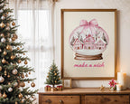 Pink Christmas Snow Globe Wall Art, Make a Wish Printable, Holiday Winter Wonderland Decor, Festive Nordic House Poster Print, DIGITAL