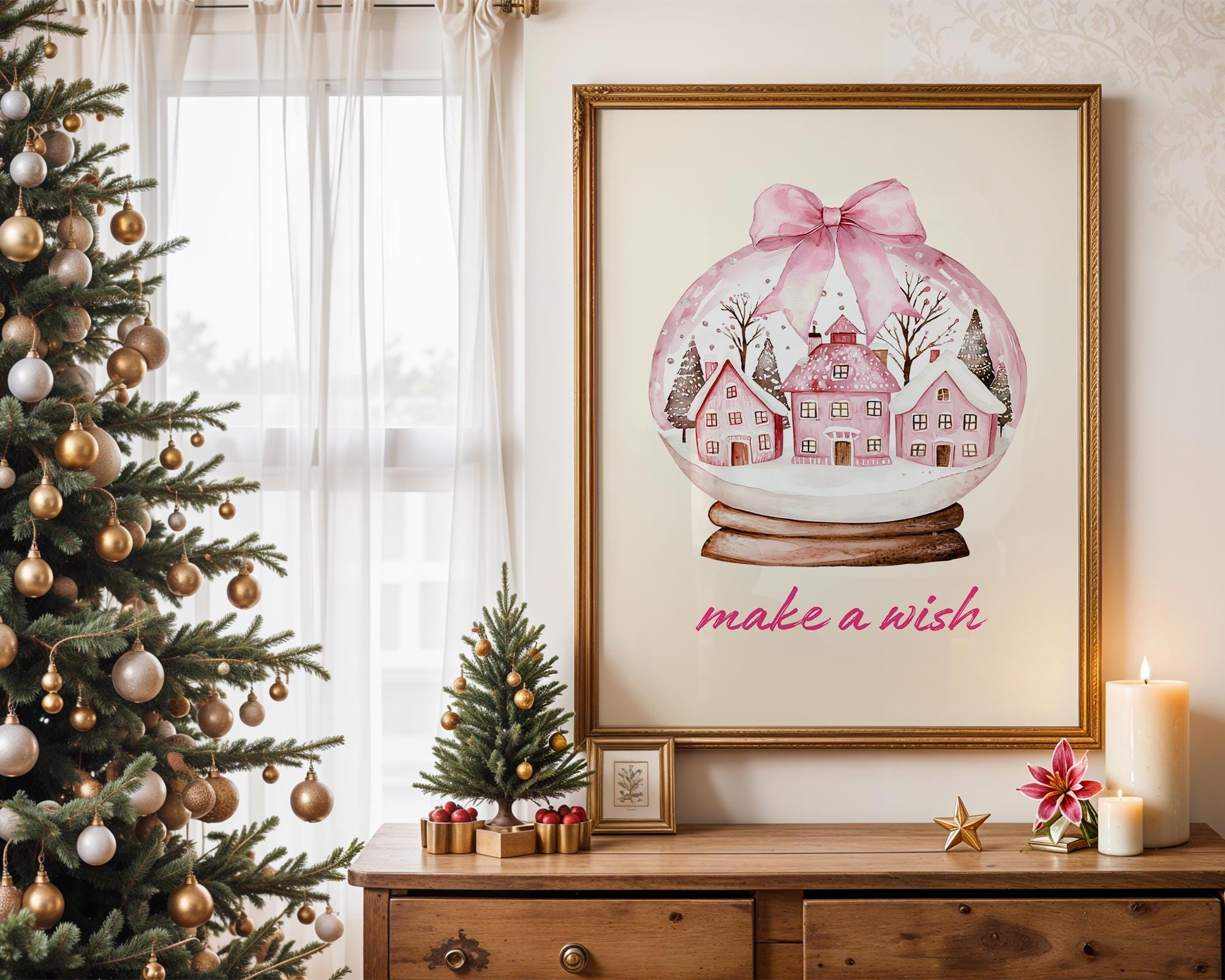 Pink Christmas Snow Globe Wall Art, Make a Wish Printable, Holiday Winter Wonderland Decor, Festive Nordic House Poster Print, DIGITAL
