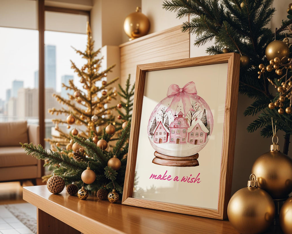 Pink Christmas Snow Globe Wall Art, Make a Wish Printable, Holiday Winter Wonderland Decor, Festive Nordic House Poster Print, DIGITAL