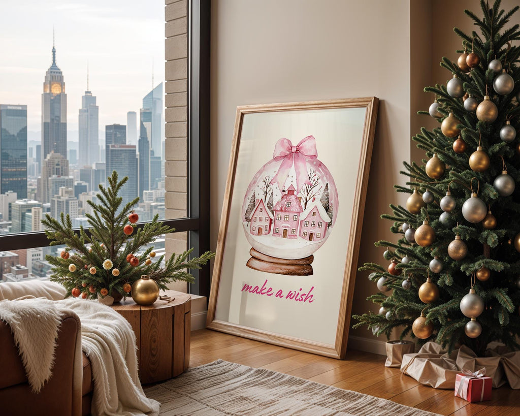 Pink Christmas Snow Globe Wall Art, Make a Wish Printable, Holiday Winter Wonderland Decor, Festive Nordic House Poster Print, DIGITAL