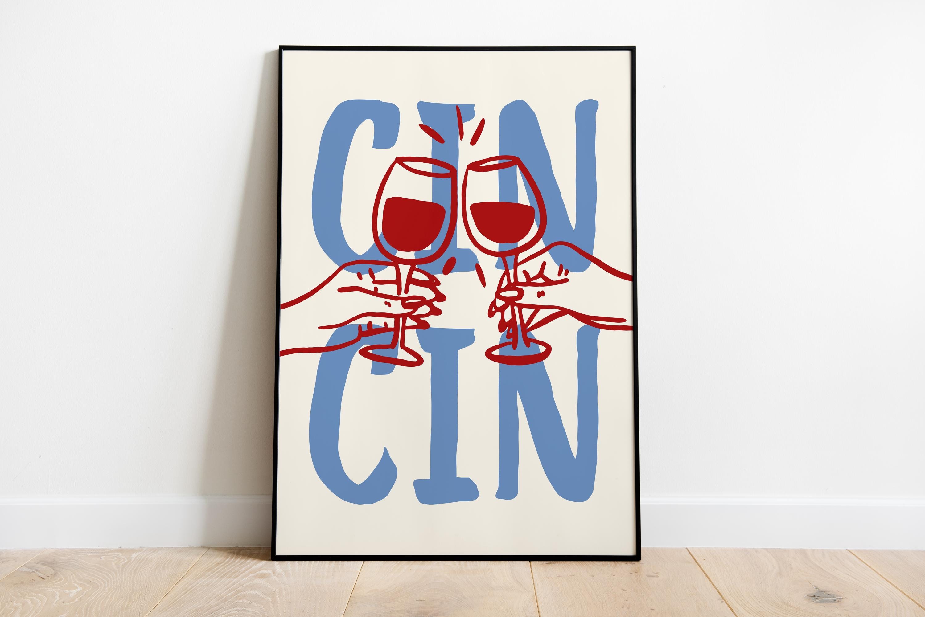 Wine Bar Wall Art Print, Happy Hour Poster, Cocktail Glass Decor, Cheers Cin Cin Printable Kitchen Dining Room Drink Quote Artwork DIGITAL