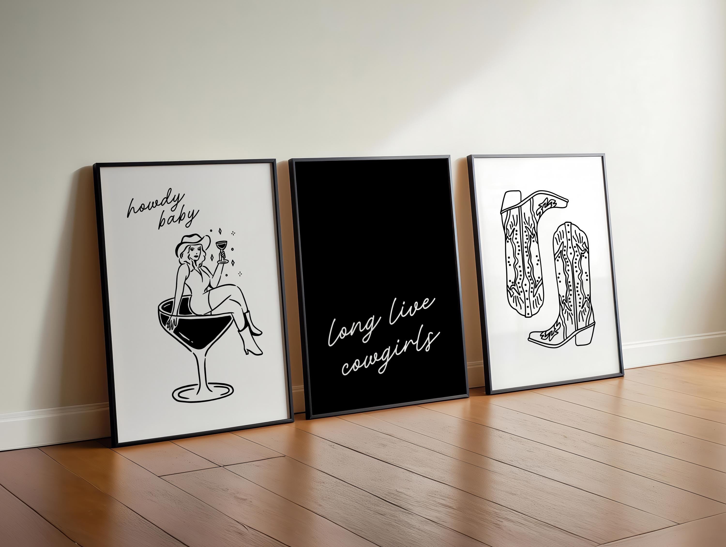 Western Cowgirl Wall Art Set of 3 Prints, Howdy Baby Cocktail Boots Quote Poster, Rustic Bachelorette Party Decor, DIGITAL DOWNLOAD