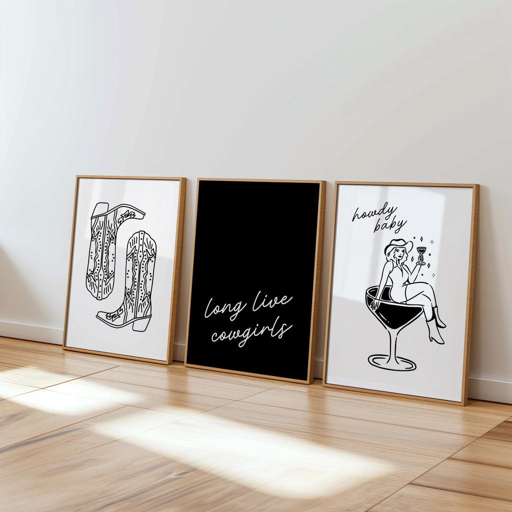 Western Cowgirl Wall Art Set of 3 Prints, Howdy Baby Cocktail Boots Quote Poster, Rustic Bachelorette Party Decor, DIGITAL DOWNLOAD