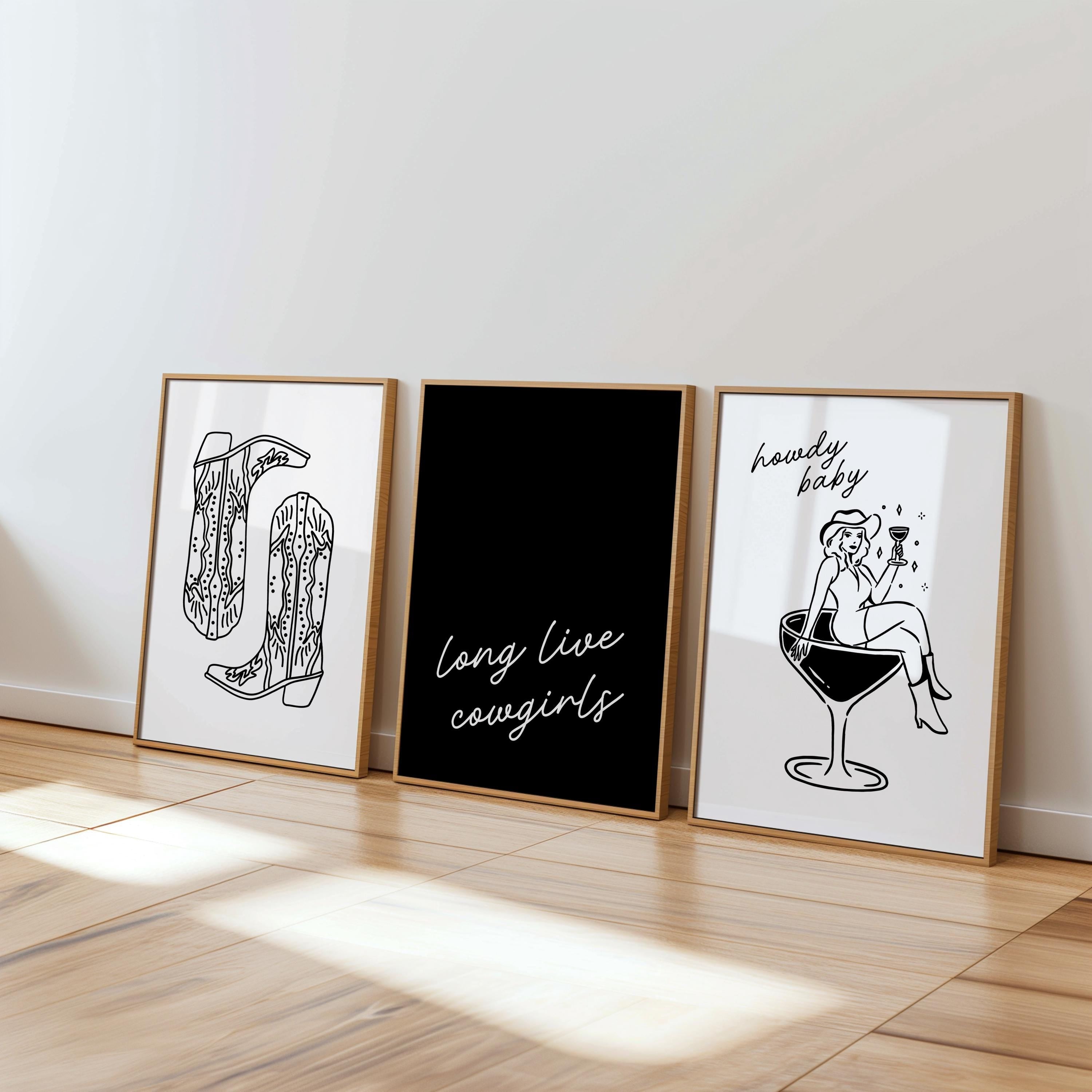 Western Cowgirl Wall Art Set of 3 Prints, Howdy Baby Cocktail Boots Quote Poster, Rustic Bachelorette Party Decor, DIGITAL DOWNLOAD