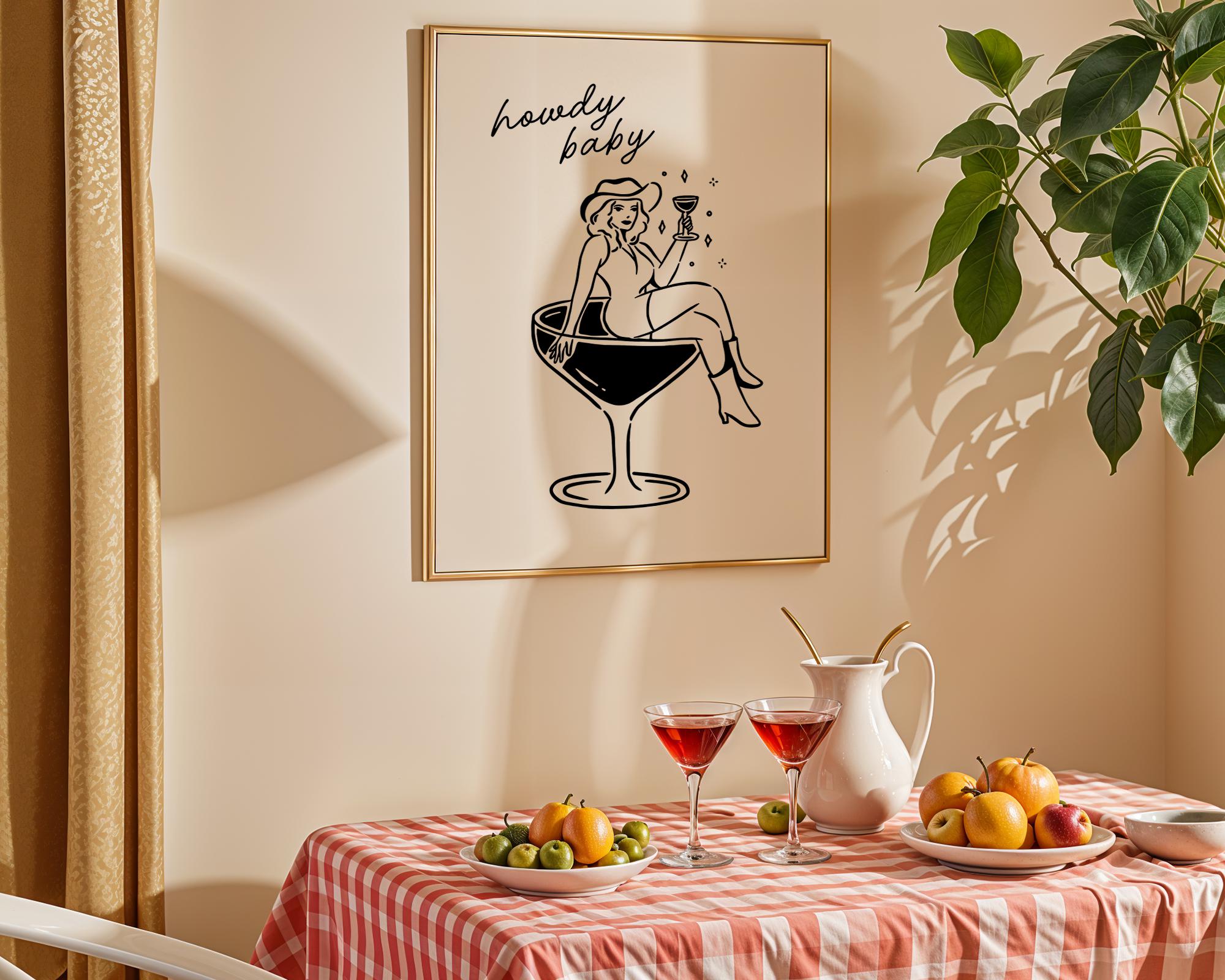 Howdy Baby Cowgirl Wall Art Print, Western Cocktail Poster, Retro Pin Up Girl Cowboy Hat Decor, Bachelorette Party Gift, DIGITAL DOWNLOAD