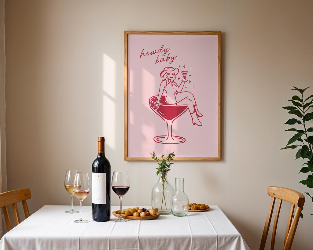 Howdy Baby Western Wall Art, Retro Cowgirl Cocktail Poster, Funny Bar Cart Decor, Pink Digital Print, Preppy Coquette Dorm Room Aesthetic