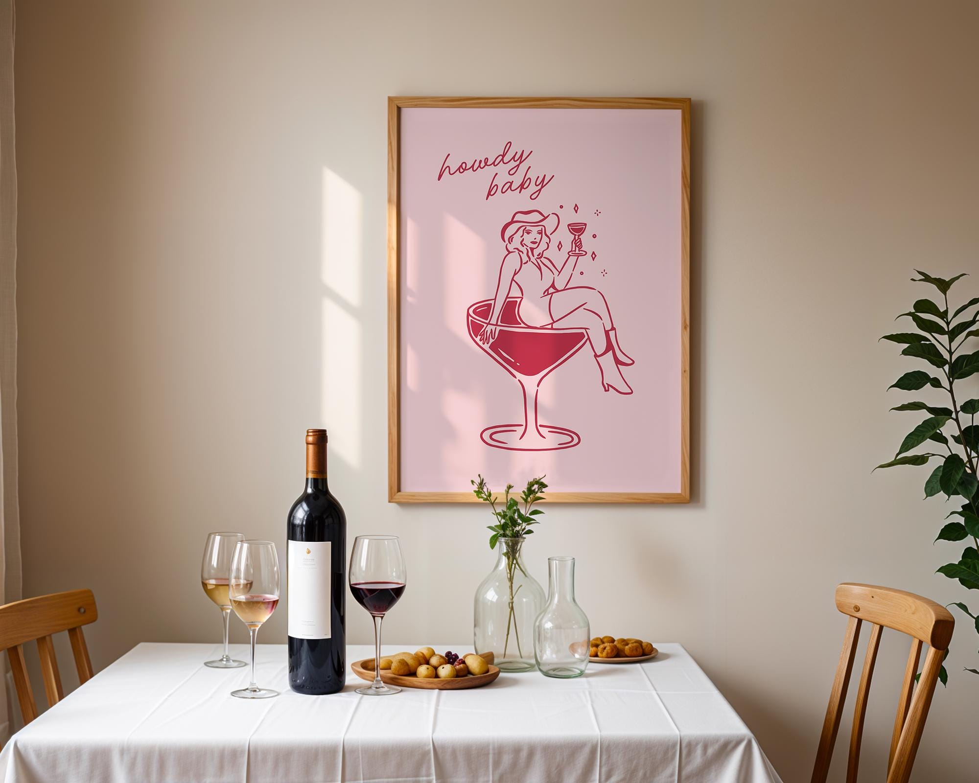 Howdy Baby Western Wall Art, Retro Cowgirl Cocktail Poster, Funny Bar Cart Decor, Pink Digital Print, Preppy Coquette Dorm Room Aesthetic