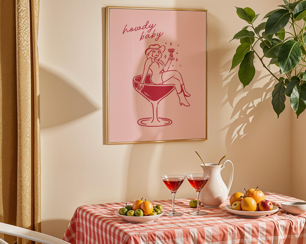 Howdy Baby Western Wall Art, Retro Cowgirl Cocktail Poster, Funny Bar Cart Decor, Pink Digital Print, Preppy Coquette Dorm Room Aesthetic