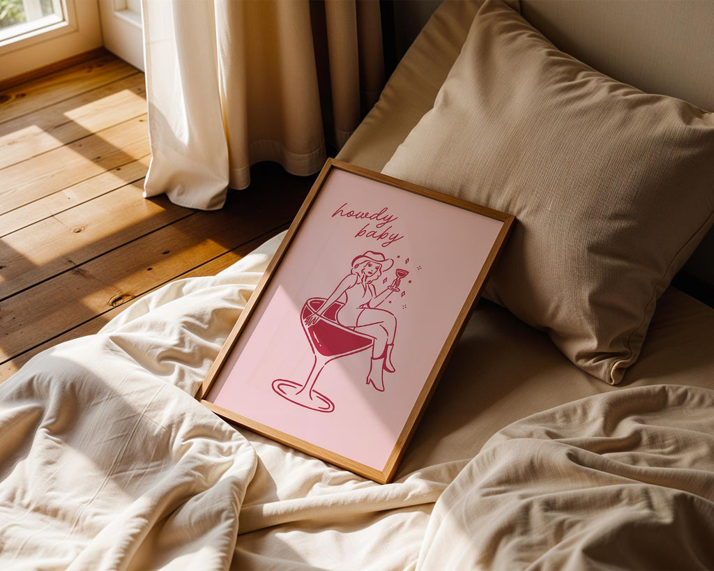 Howdy Baby Western Wall Art, Retro Cowgirl Cocktail Poster, Funny Bar Cart Decor, Pink Digital Print, Preppy Coquette Dorm Room Aesthetic