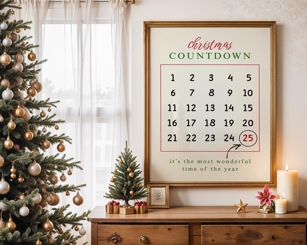 Christmas Countdown Wall Art, Holiday Calendar Printable, Festive Advent Poster, Modern Xmas Wall Decor, Winter Christmas Decoration DIGITAL