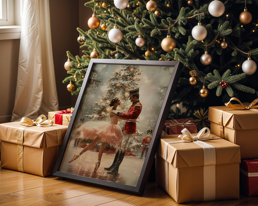 Nutcracker Ballet Christmas Wall Art, Ballerina and Soldier Dance Print, Festive Holiday Home Decor, Elegant Xmas Poster for Living Room