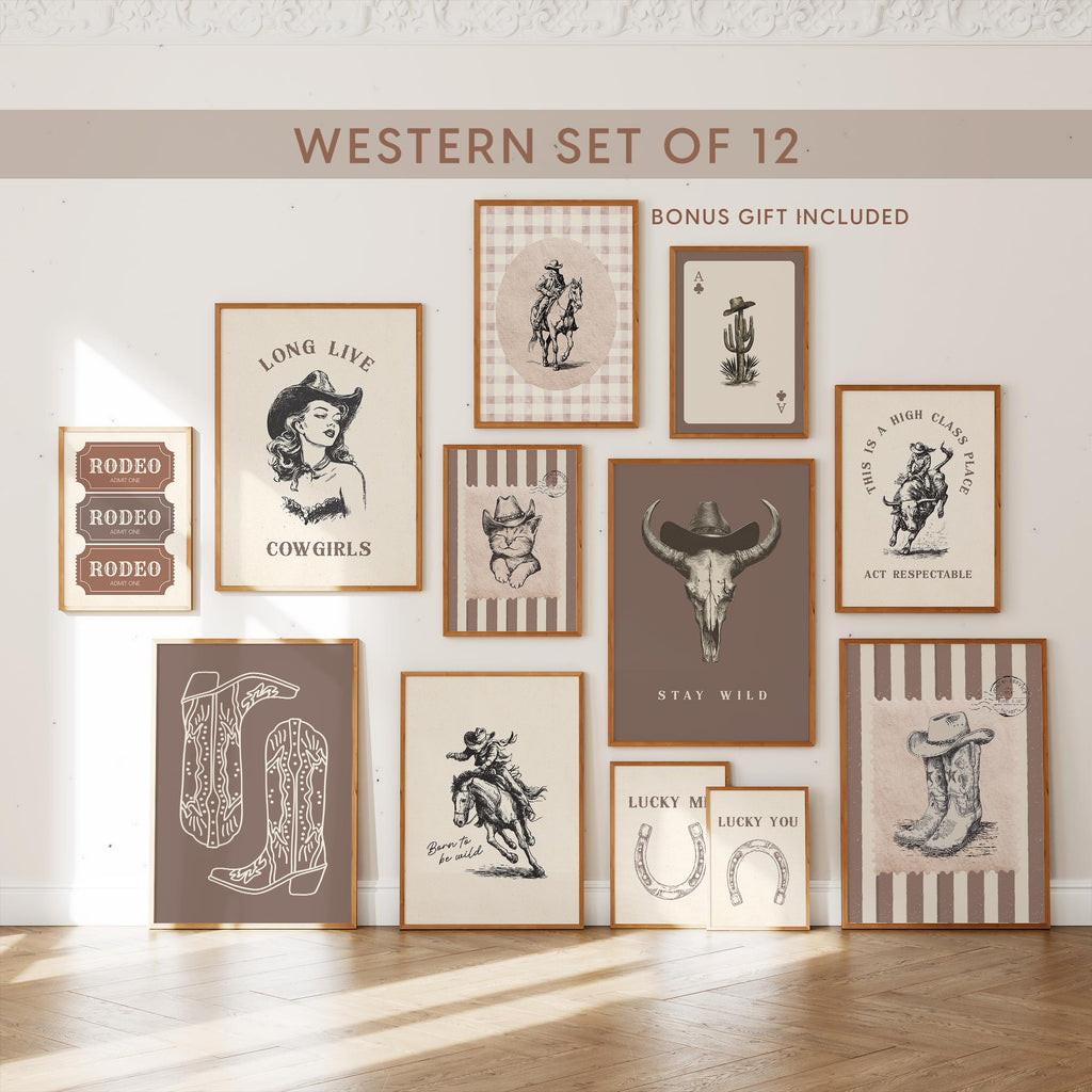 Western Wall Art Set of 12 Prints, Cowboy Cowgirl Rodeo Posters, Rustic Farmhouse Decor, Vintage Western Boho Country Gift, DIGITAL DOWNLOAD