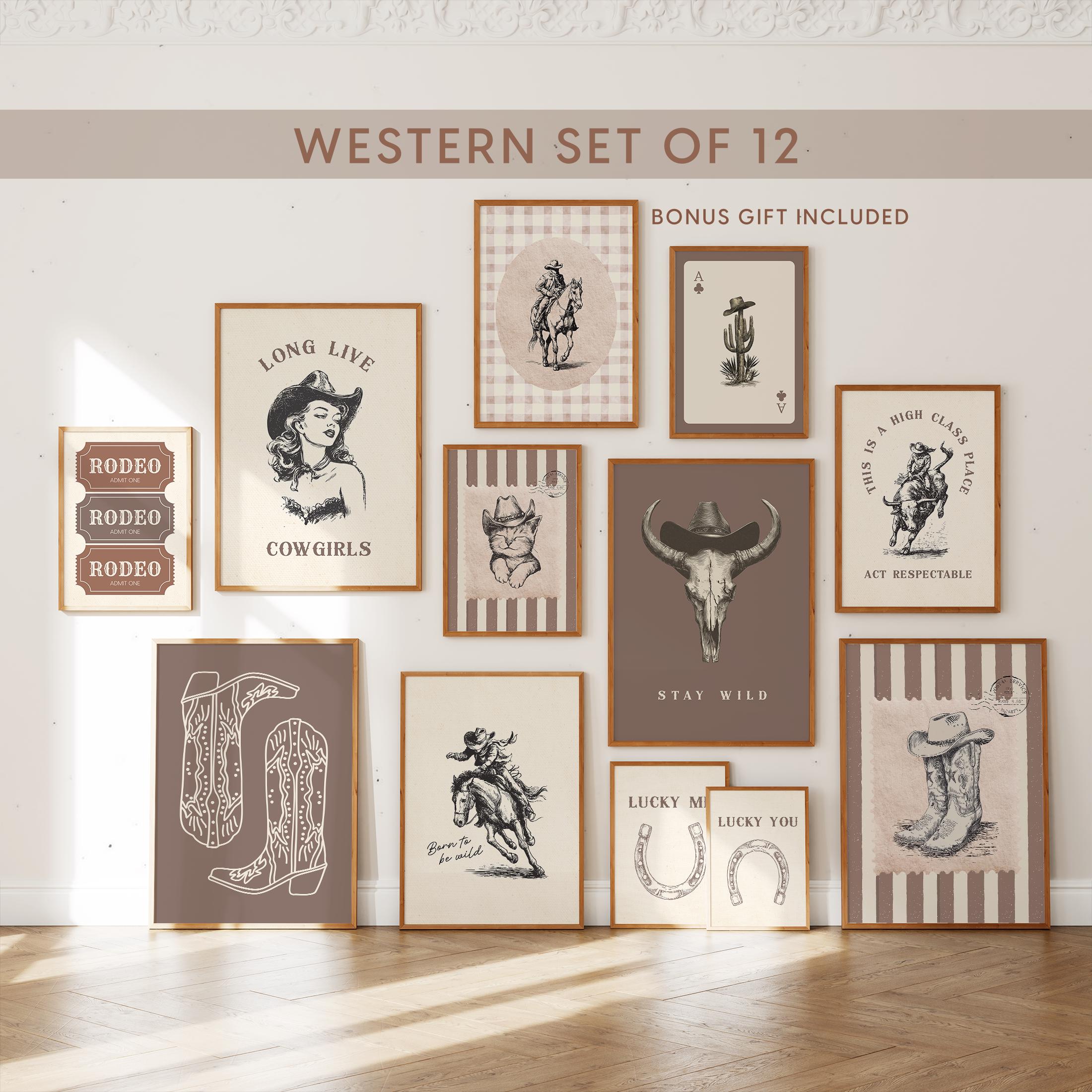 Western Wall Art Set of 12 Prints, Cowboy Cowgirl Rodeo Posters, Rustic Farmhouse Decor, Vintage Western Boho Country Gift, DIGITAL DOWNLOAD