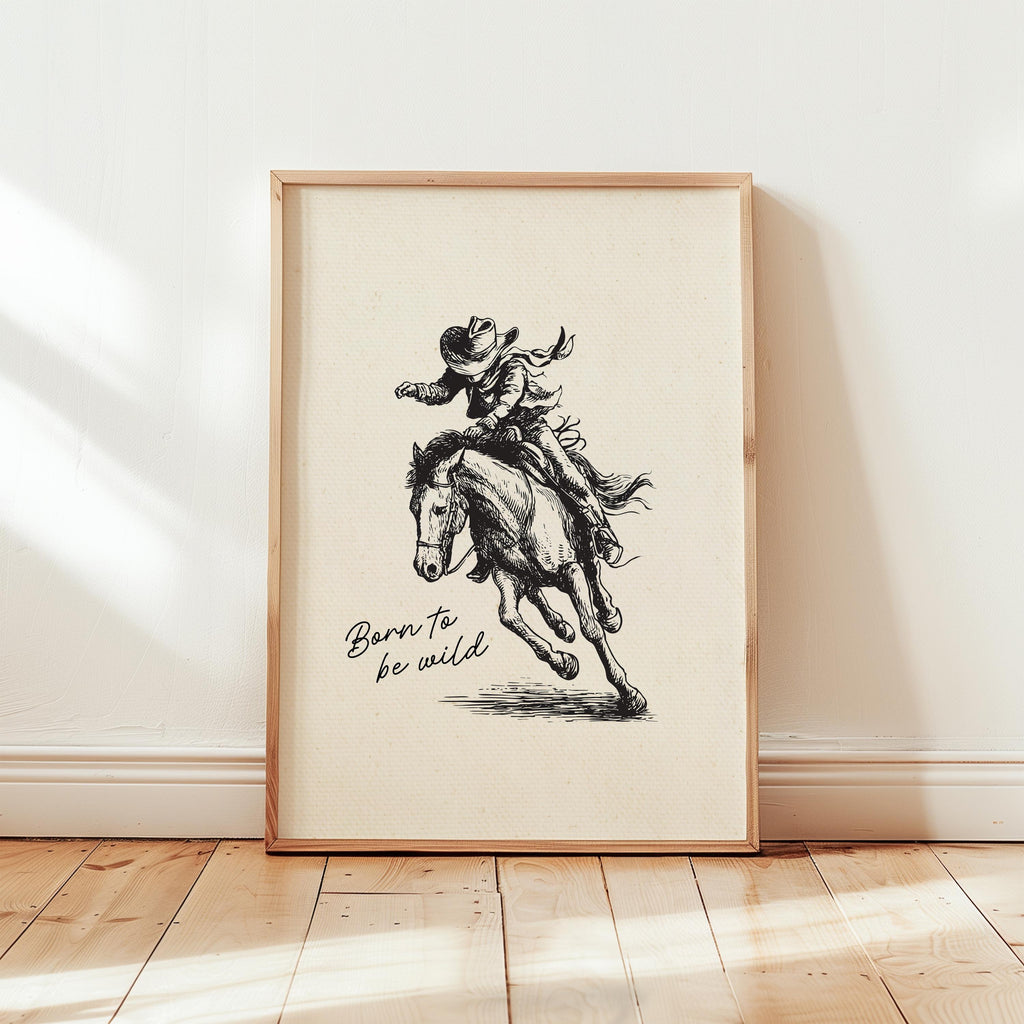 Born to Be Wild Cowboy Wall Art, Western Horse Rider Print, Rustic Rodeo Poster, Vintage Country Farmhouse Digital Wall Decor Gift
