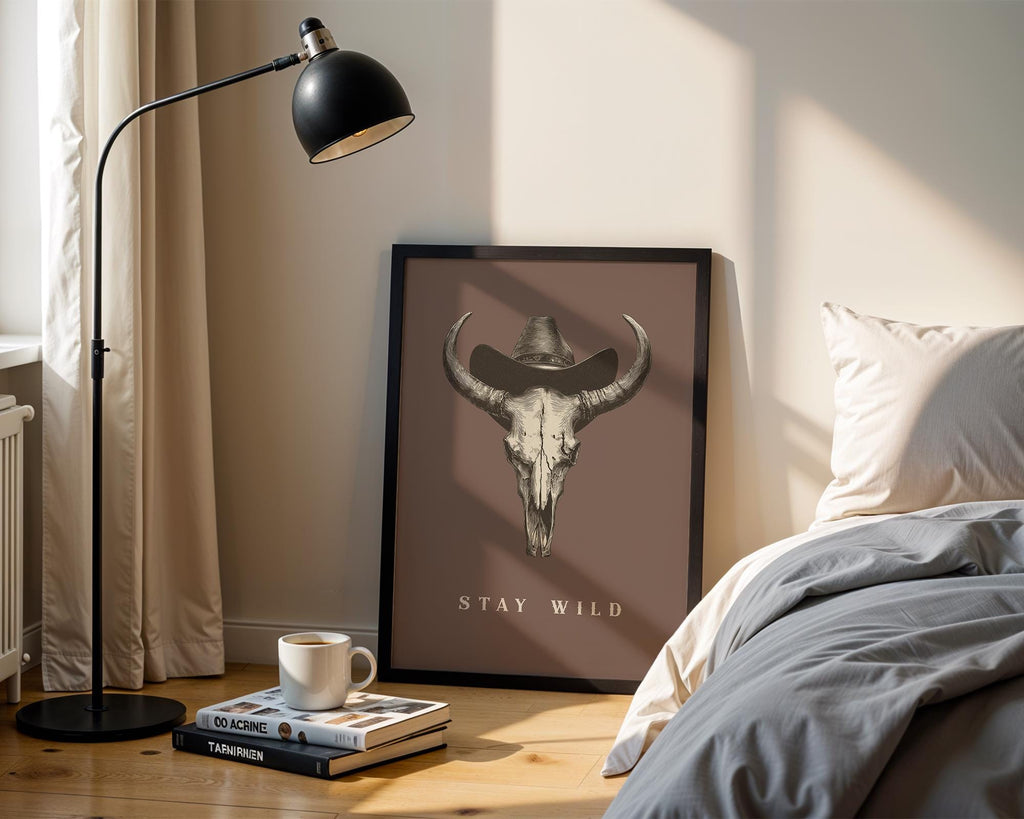 Stay Wild Western Wall Art, Cowboy Skull Print with Hat, Rustic Farmhouse Rodeo Poster, Vintage Country Boho Digital Wall Decor Gift