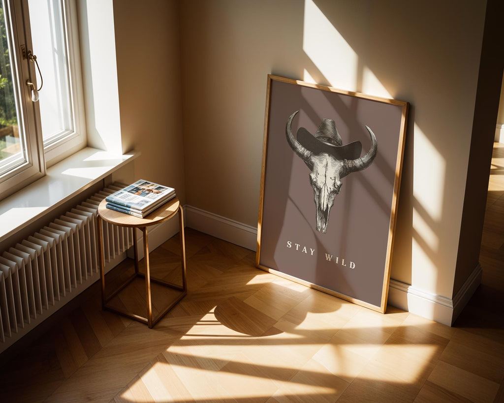Stay Wild Western Wall Art, Cowboy Skull Print with Hat, Rustic Farmhouse Rodeo Poster, Vintage Country Boho Digital Wall Decor Gift