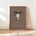 Stay Wild Western Wall Art, Cowboy Skull Print with Hat, Rustic Farmhouse Rodeo Poster, Vintage Country Boho Digital Wall Decor Gift