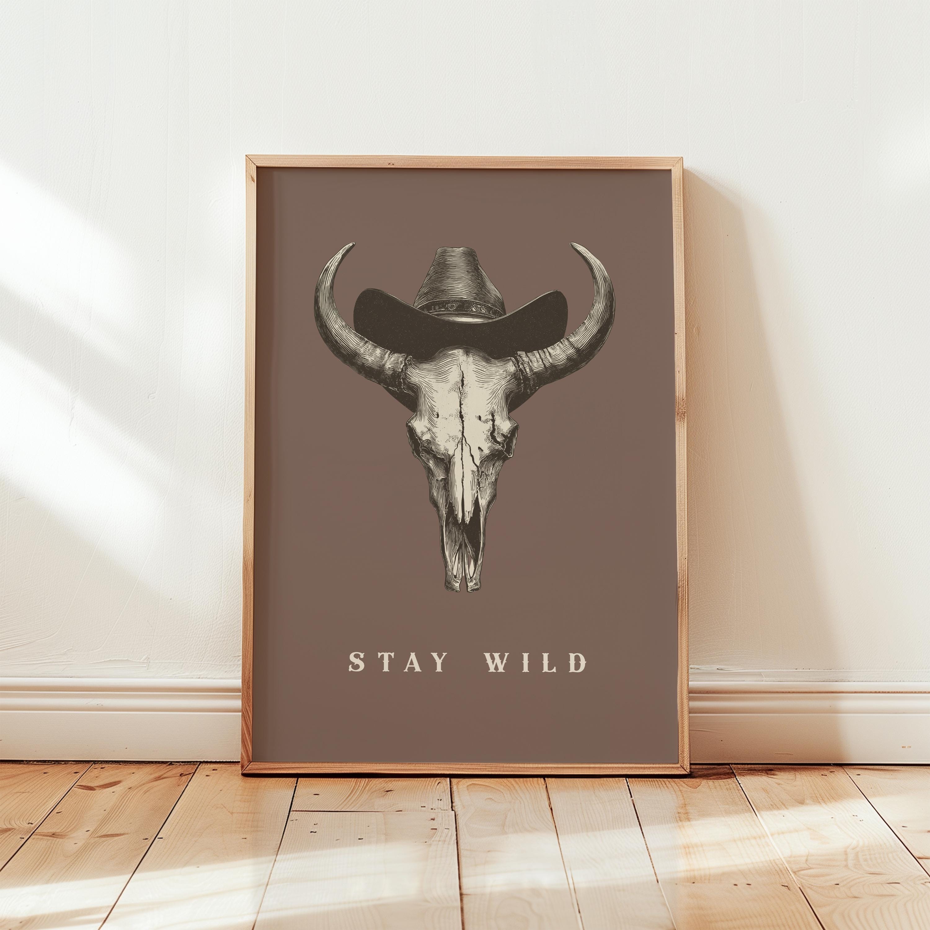 Stay Wild Western Wall Art, Cowboy Skull Print with Hat, Rustic Farmhouse Rodeo Poster, Vintage Country Boho Digital Wall Decor Gift