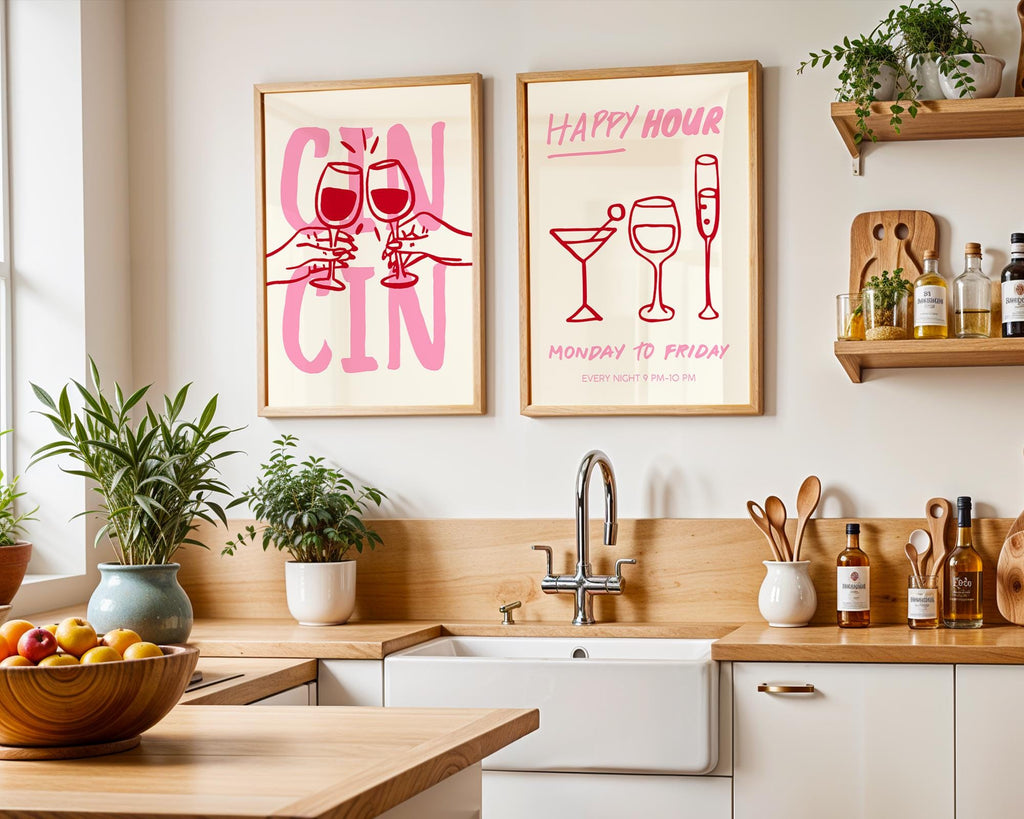 Cin Cin Cheers Wall Art Set of 3 Prints, Pink Happy Hour Cocktail Poster, Pasta Lover Club Italian Food Print, Modern Kitchen Decor DIGITAL