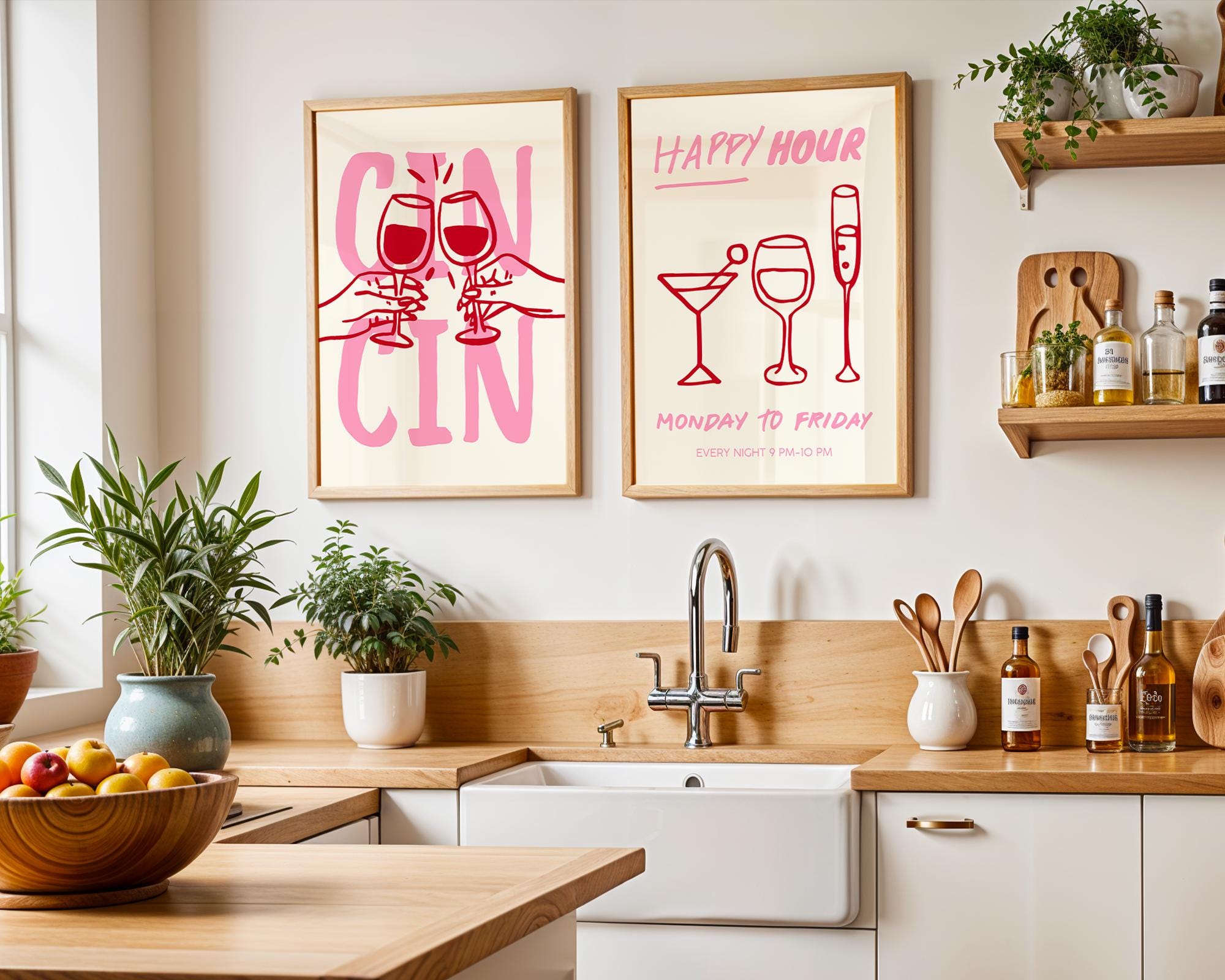 Cin Cin Cheers Wall Art Set of 3 Prints, Pink Happy Hour Cocktail Poster, Pasta Lover Club Italian Food Print, Modern Kitchen Decor DIGITAL