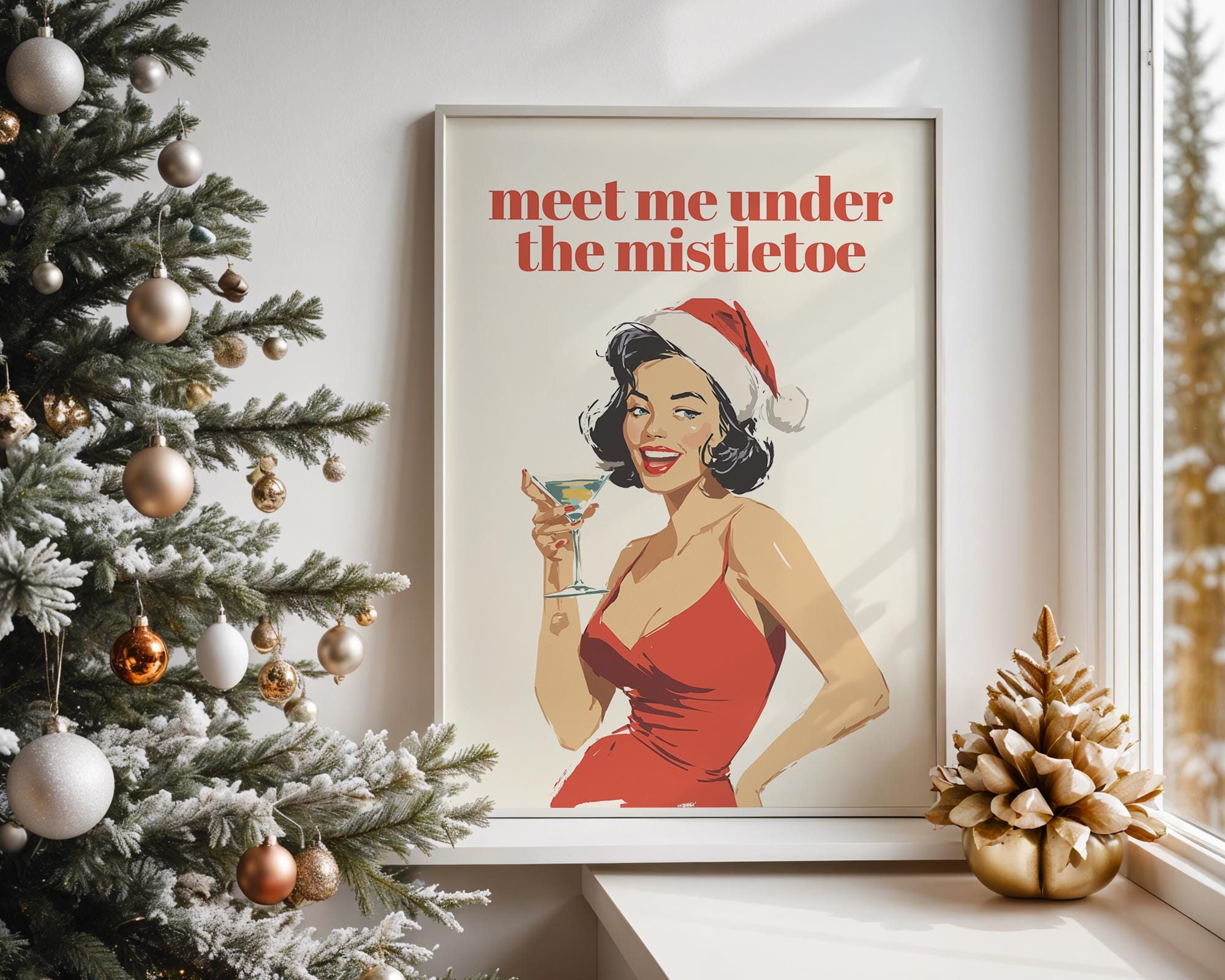 Meet Me Under The Mistletoe, Funny Retro Christmas Wall Art Print, Pin Up Holiday Cocktail Poster, Vintage Santa Bar Cart Decor DIGITAL