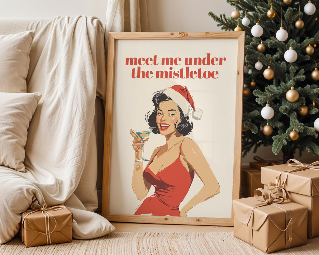 Meet Me Under The Mistletoe, Funny Retro Christmas Wall Art Print, Pin Up Holiday Cocktail Poster, Vintage Santa Bar Cart Decor DIGITAL