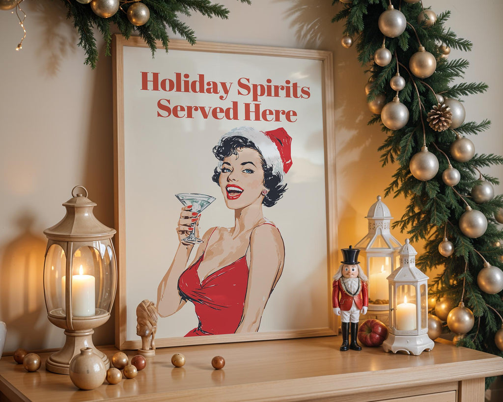 Holiday Spirits Served Here Print, Funny Retro Christmas Wall Art, Pin Up Cocktail Poster, Vintage Santa Holiday Bar Cart Decor Gift DIGITAL
